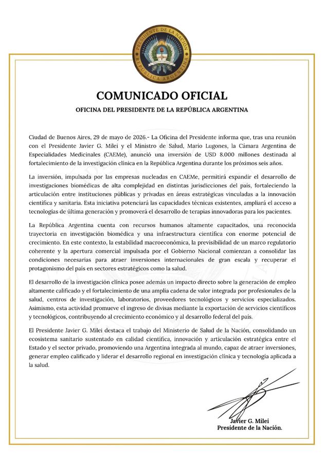 Javier Milei anunció una inversión farmacéutica de U$S 8 mil millones.