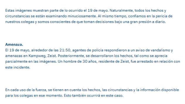 El comunicado oficial de la policía de Países Bajos.