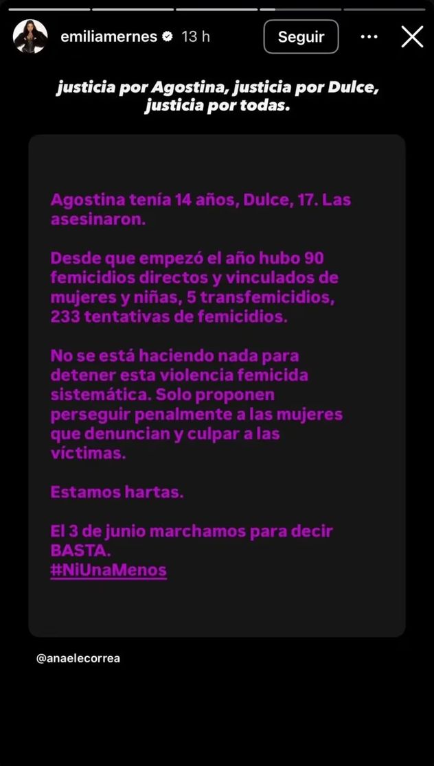 Justicia por Agostina Vega y Dulce Candia: el mensaje de Emilia en las redes
