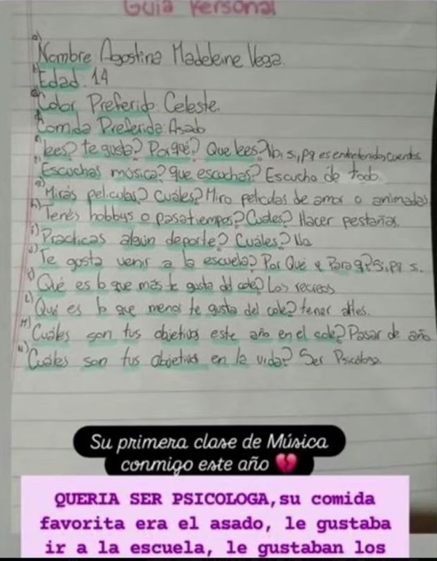 “Ser psicóloga”: el sueño que Agostina Vega escribió en una tarea escolar