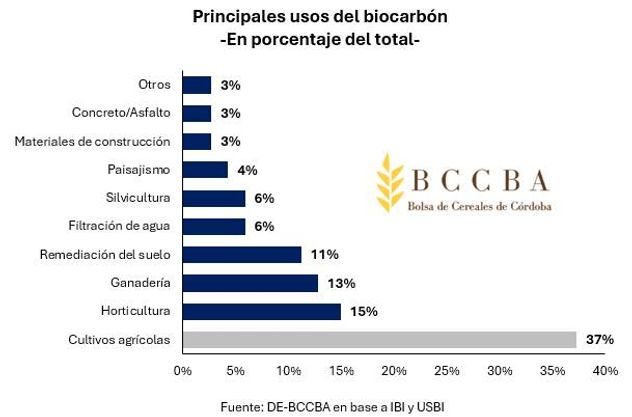 El agro es el principal ejemplar que utiliza biocarbón, superando por más del doble al segundo competidor.