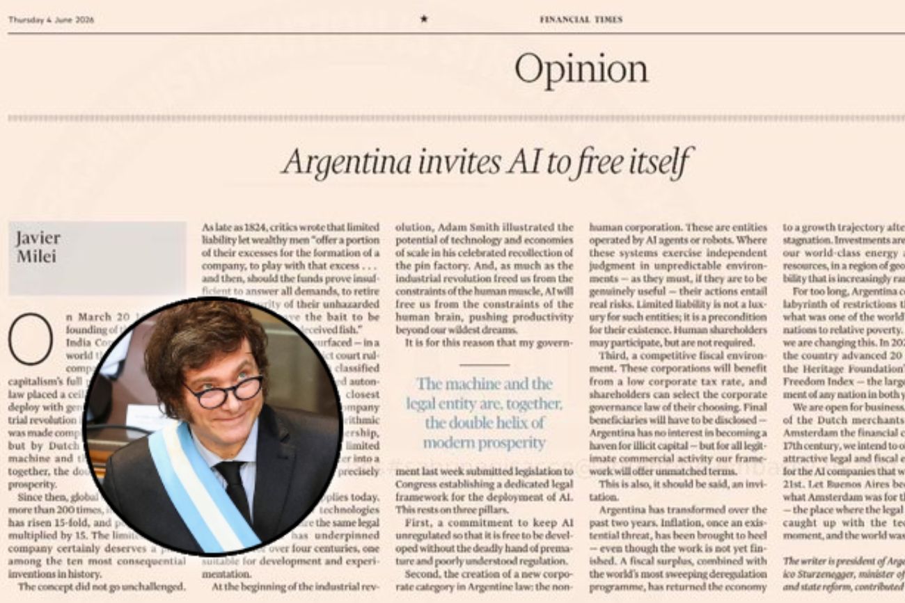 Milei escribió en Financial Times y defendió una IA sin regulación estatal en la Argentina.