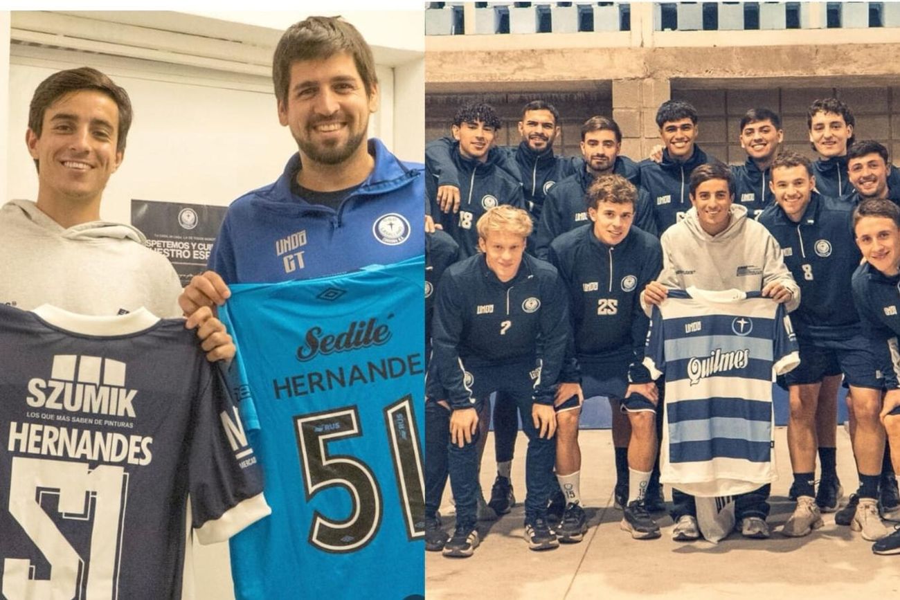 Ramiro Hernandes. El pibe, que fue campeón con Belgrano, fue a compartir su alegría con todo Lasallano, el club de donde llegó. Acá con Tomás Peñaflor, DT alterno, y los jugadores del primer equipo. 