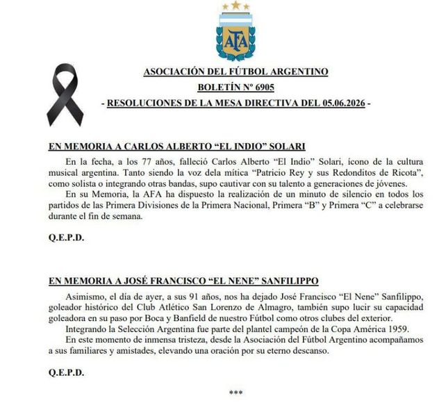 El comunicado de la AFA por las muertes de José Sanfilippo y del Indio Solari.