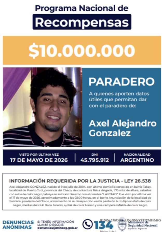 Recompensa de $10 millones por datos de Axel González,el joven desaparecido en Chaco