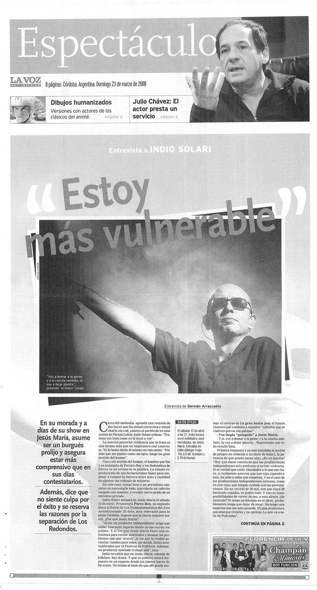 Indio Solari. Páginas de La Voz del Interior.