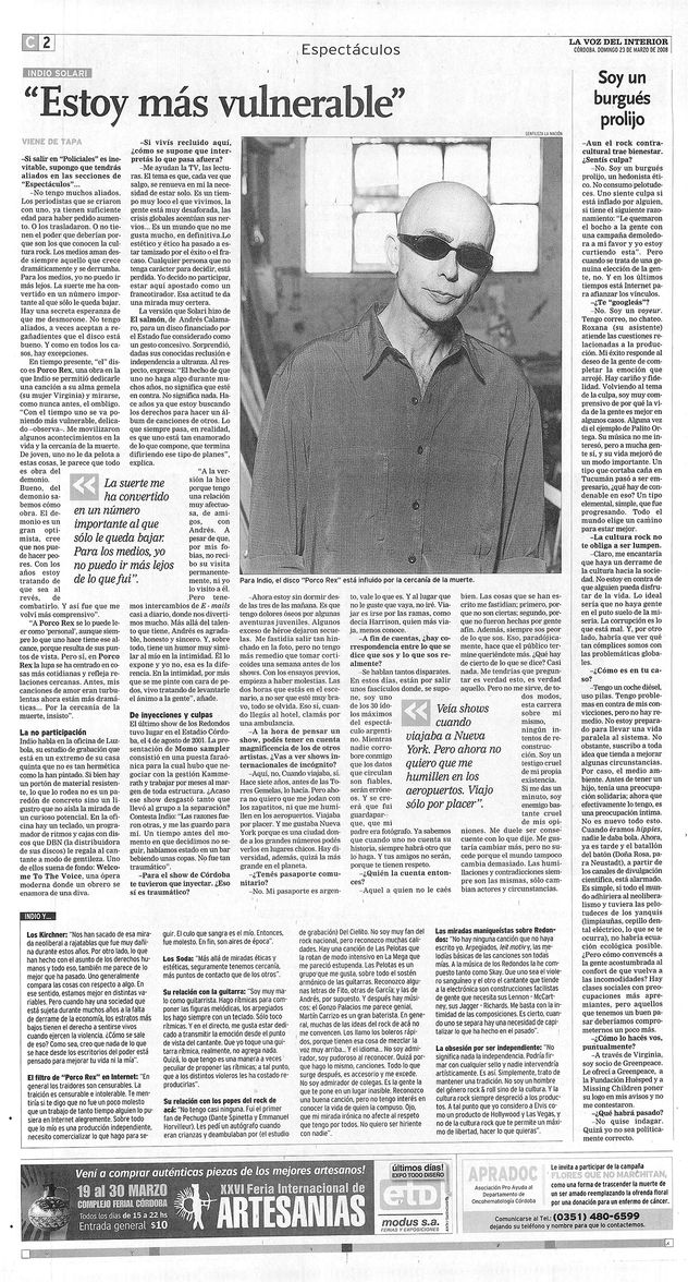Indio Solari. Páginas de La Voz del Interior.