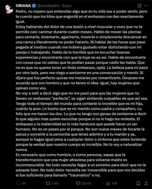 Oriana Sabatini enfrentó las críticas sobre sus declaraciones tras ser madre de Gia