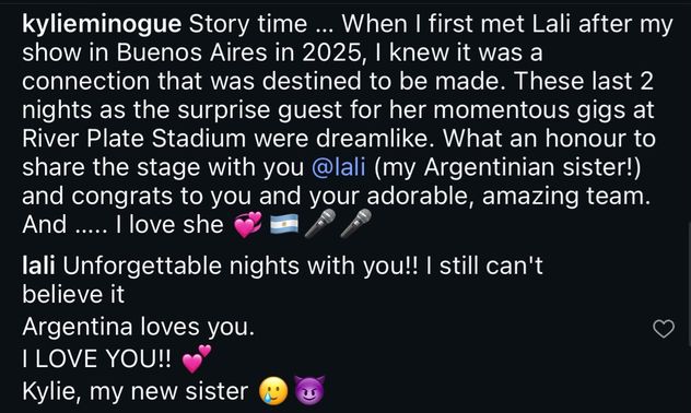 La publicación que compartió Kylie Minogue sobre su presentación en River junto a Lali y la respuesta de la cantante.
