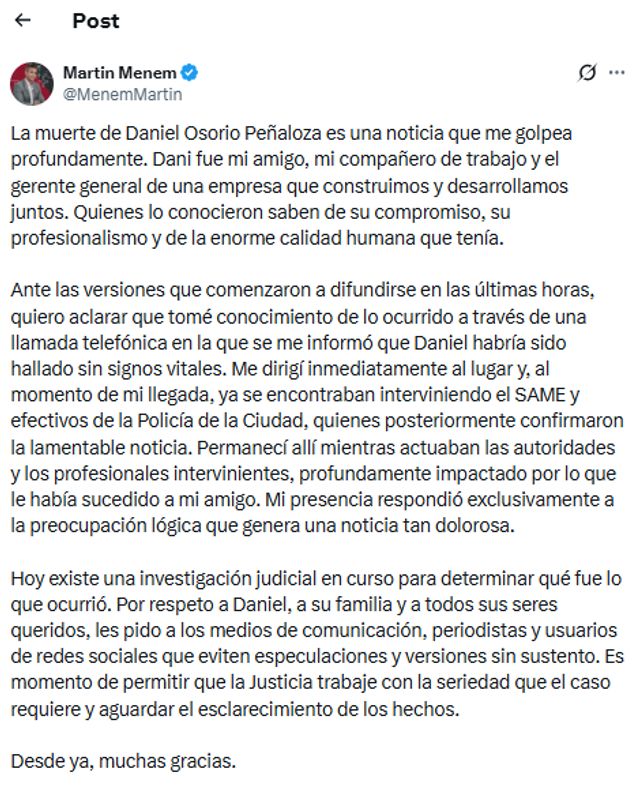 El mensaje de Martín Menem tras la muerte del gerente de su empresa.