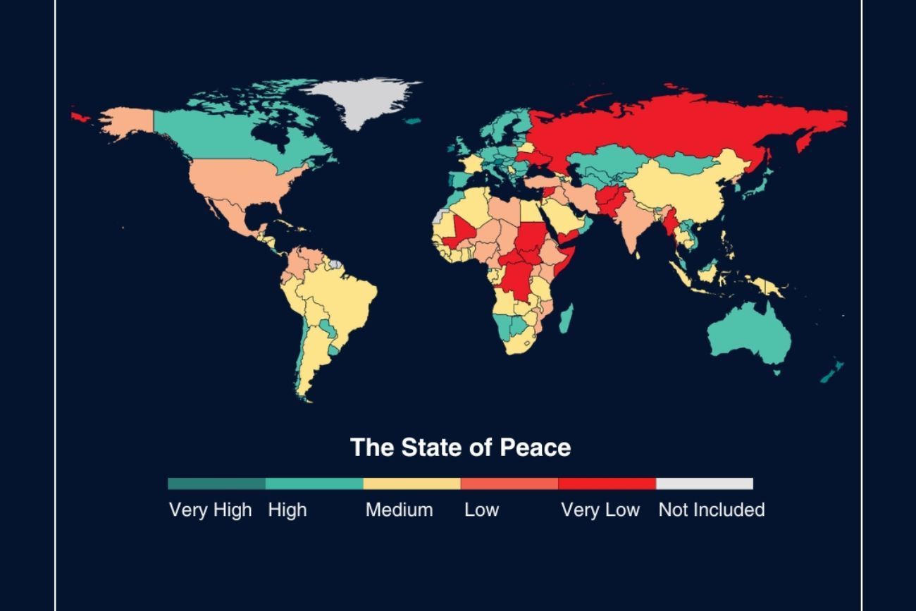 El "estado de paz" en el mundo según el Global Peace Index, desarrollado por el Institute for Economics & Peace.