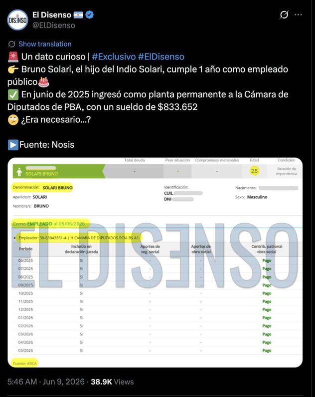Bruno Solari es empleado de la Legislatura bonaerense.