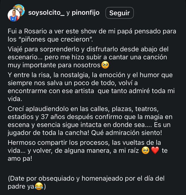 La publicación de Solcito Fijo luego de cantar junto a su papá.