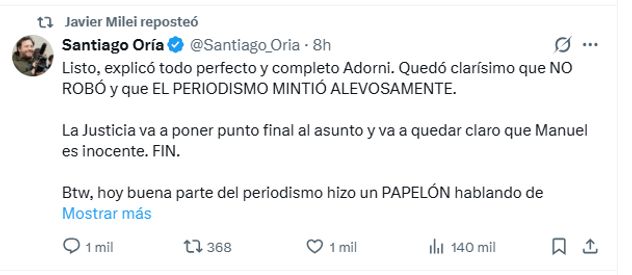 El mensaje que reposteó Milei tras la explicación de Adorni sobre su patrimonio.