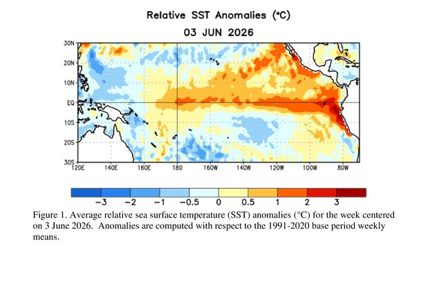 Las temperaturas de la superficie del mar (TSM) superiores al promedio en el Pacífico ecuatorial central y oriental.