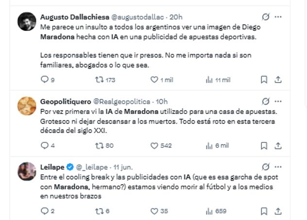 La publicidad de Maradona hecho por IA generó repudio en redes sociales.