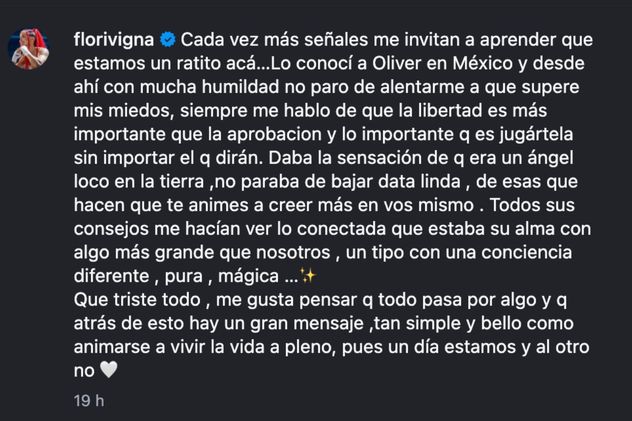 El escrito de Flor Vigna tras la muerte de Oliver Tree.