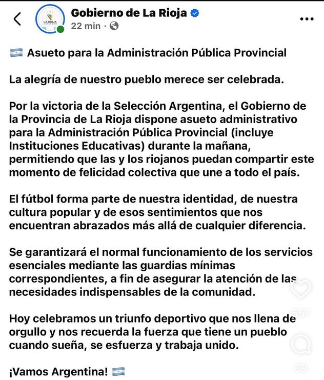 El comunicado del gobierno de La Rioja.