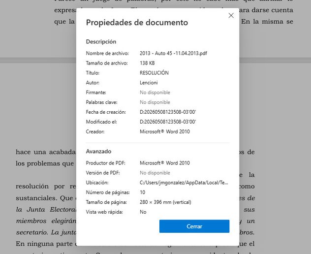 Propiedades del PDF correspondiente al Auto 45/13, descargado de la página del Juzgado Electoral.