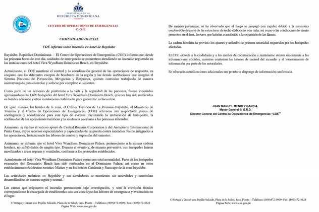 Comunicado del Centro de Operaciones de Emergencias (COE) de República Dominicana tras el incendio en el hotel de Bayahíbe