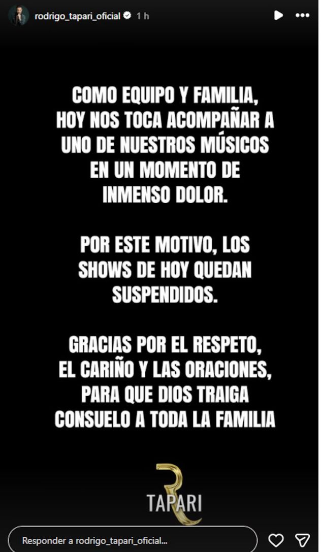 El mensaje de Rodrigo Tapari tras la muertte de la hija de uno de sus músicos