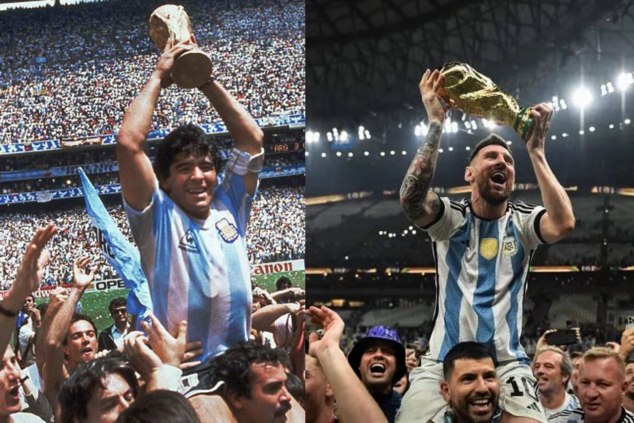 Maradona y Messi con la Copa del Mundo en los Mundiales de Mexico 86 y Qatar 2022.