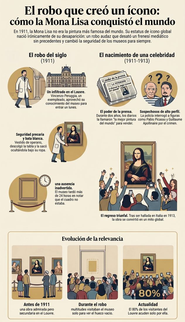 Vincenzo Peruggia sustrajo la icónica pintura del Museo del Louvre en 1911 y desató un escándalo internacional que mantuvo la obra oculta durante dos años.