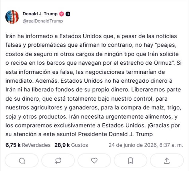 Mensaje de Donald Trump en su red social Truth Social