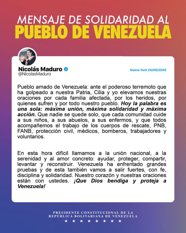 El mensaje de Nicolás Maduro tras los terremotos en Venezuela