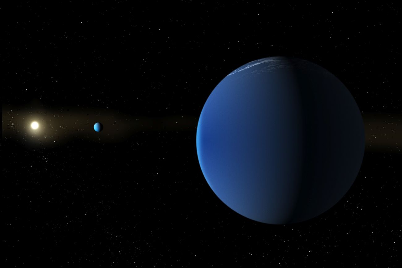 Ilustración que muestra la estrella TOI-791, similar al Sol, al fondo a la izquierda, y dos planetas gigantes que el telescopio espacial Tess, de la Nasa, descubrió en su órbita. (Daniel Rutter/Nasa vía AP)

