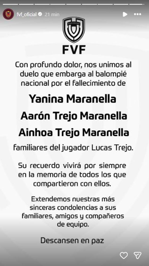 El mensaje de la Federación Venezolana de Fútbol por la muerte de la familia de Lucas Trejo.
