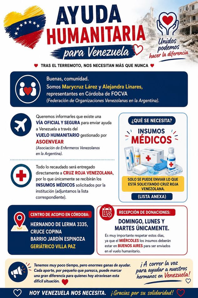 Solidaridad en Córdoba: lanzaron una colecta de insumos médicos para ayudar a Venezuela tras el terremoto