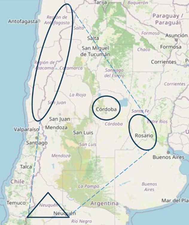 Mapa del Triángulo Estratégico Emergente Nodo Agroindustrial del Gran Rosario, Nodo Energético Integrado Vaca Muerta y Corredor Minero Andino San Juan, Catamarca, Salta y Jujuy.