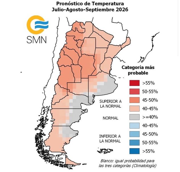 El mapa con el promedio de temperaturas para el trimestre julio-septiembre