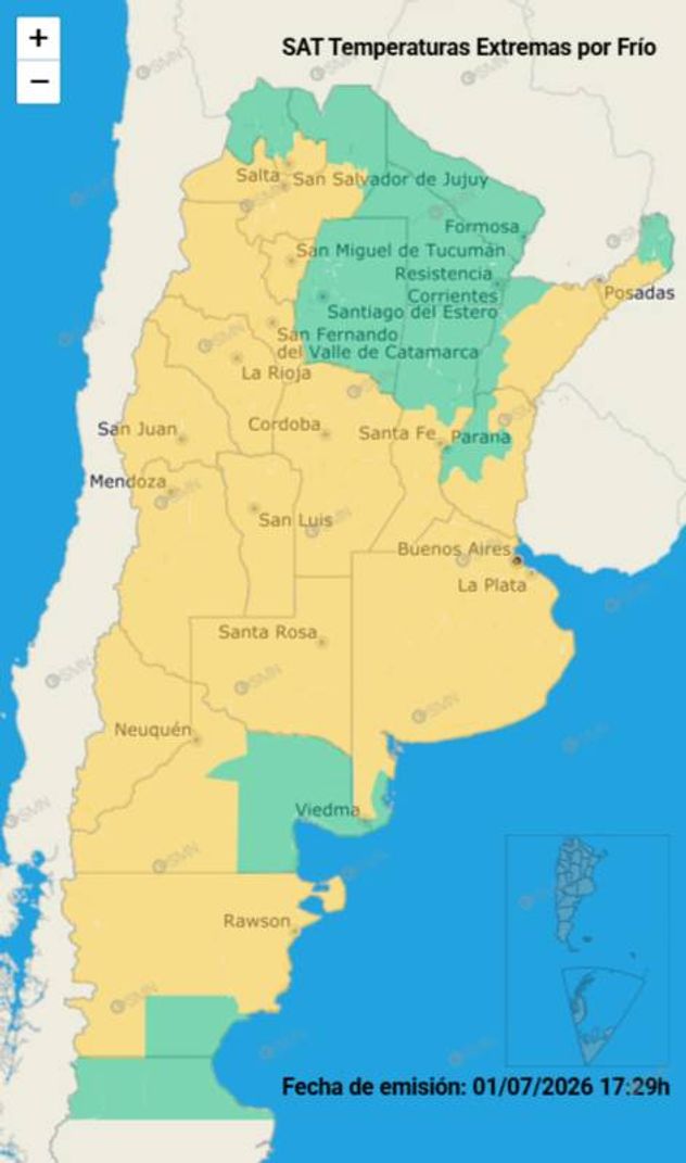 Clima. Alerta amarilla por frío extremo para Córdoba y gran parte del país.