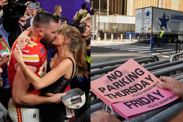Travis Kelce y Taylor Swift, sellando todo con un beso. A su derecha, el Madison Square Garden preparándose para su boda.