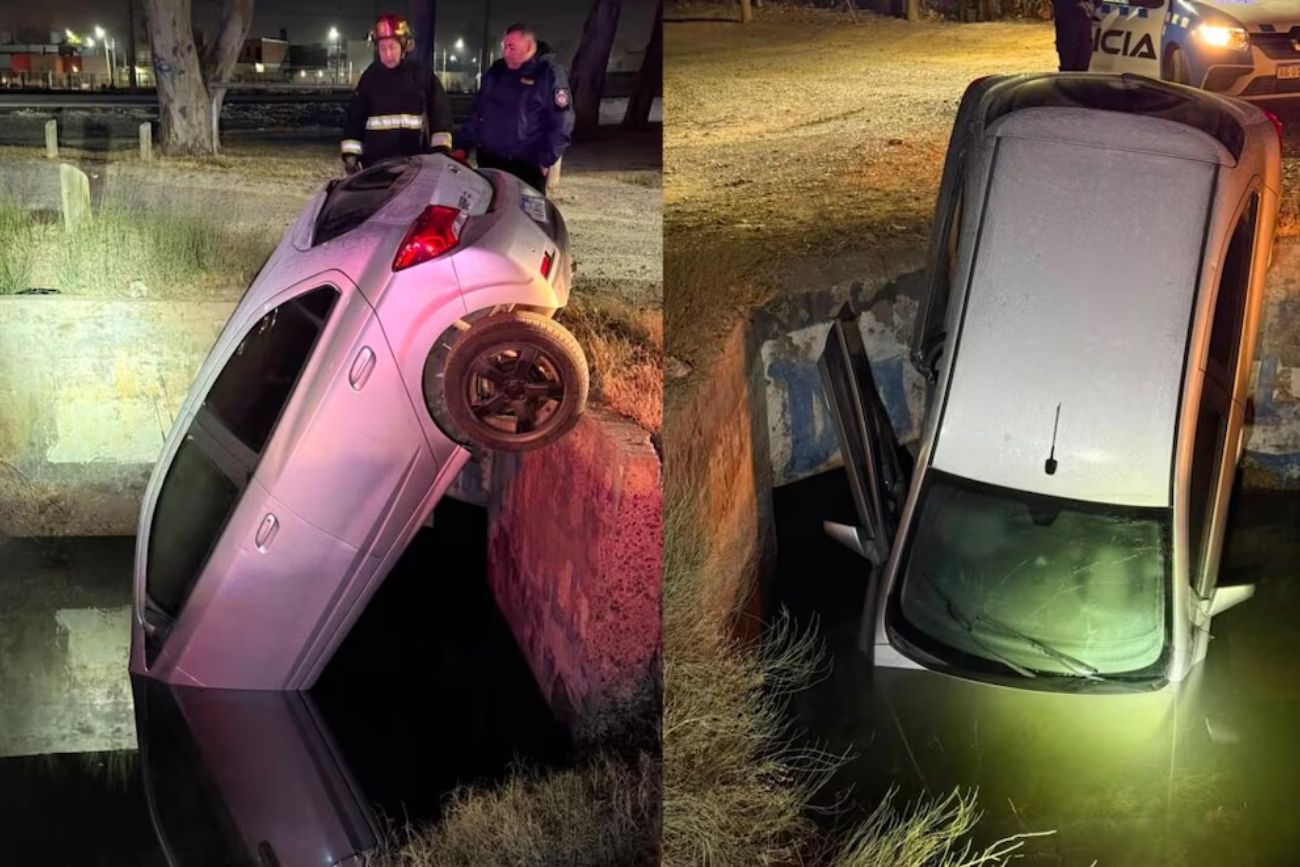 Neuquén: manejaba con 1,76 de alcohol en sangre, perdió el control del auto y cayó a un desagüe. (Gentileza Infobae)