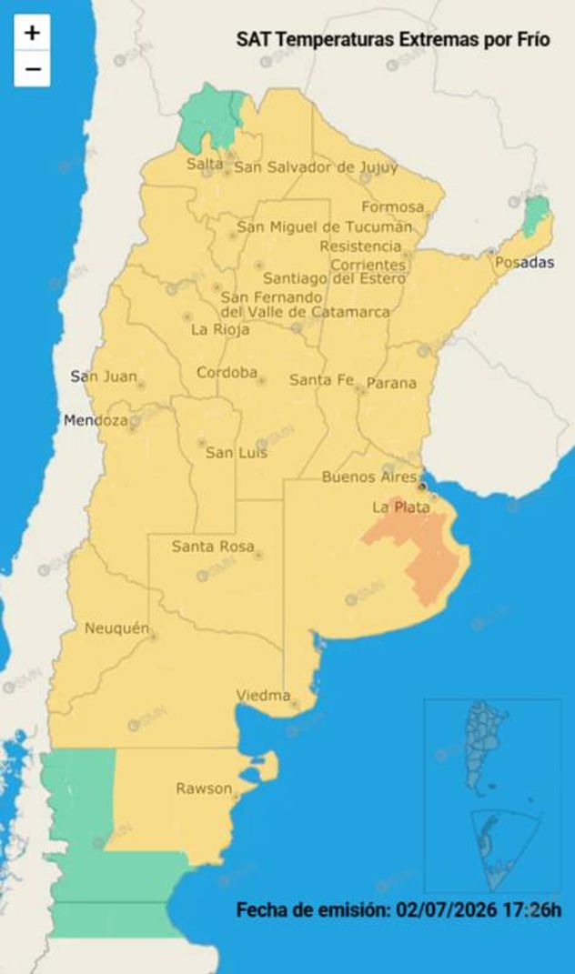 Clima. Alerta amarilla por frío extremo para este viernes 3 de julio.