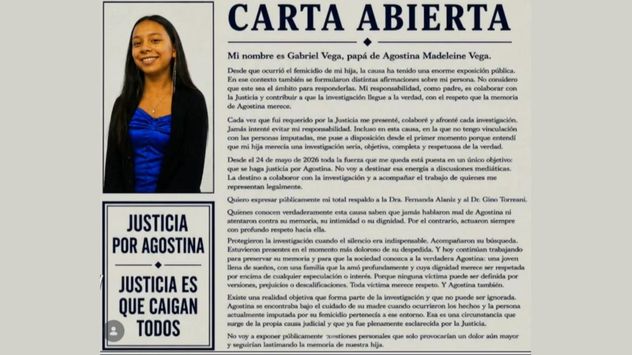 El papá de Agostina Vega publicó una carta abierta a un día de que Melisa Heredia hablara por primera vez con los medios desde el femicidio de la adolescente de 14 años.