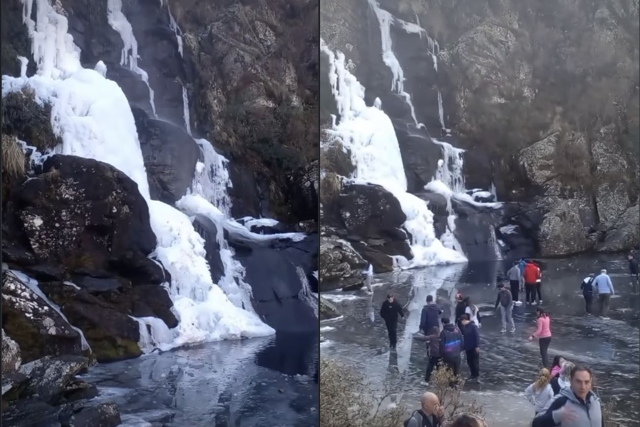 El Salto del Tigre quedó completamente congelado por el frío extremo en las sierras de Córdoba.