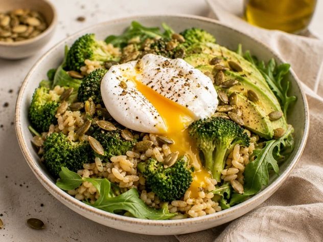 Ensalada tibia de arroz integral y brócoli: la receta saludable con huevo poché que es tendencia.