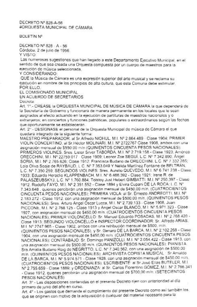 El decreto que dio origen a la Orquesta de Cuerdas Municipal.