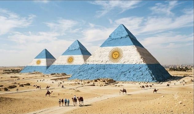 Las pirámides de Egipto pintadas con la bandera de Argentinas