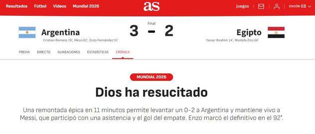 La prensa mundial sobre Argentina vs. Egipto.