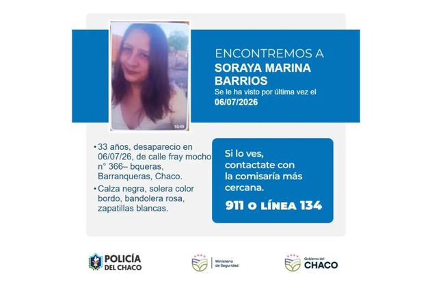 Buscan a una mujer en Chaco: solicitan colaboración para hallar a Soraya Marina Barrios