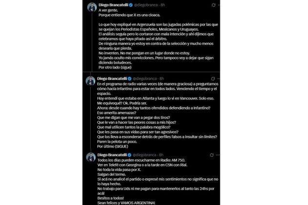 Los tuits de Diego Brancatelli tras las críticas que recibió por hablar de la selección argentina después del partido contra Egipto.
