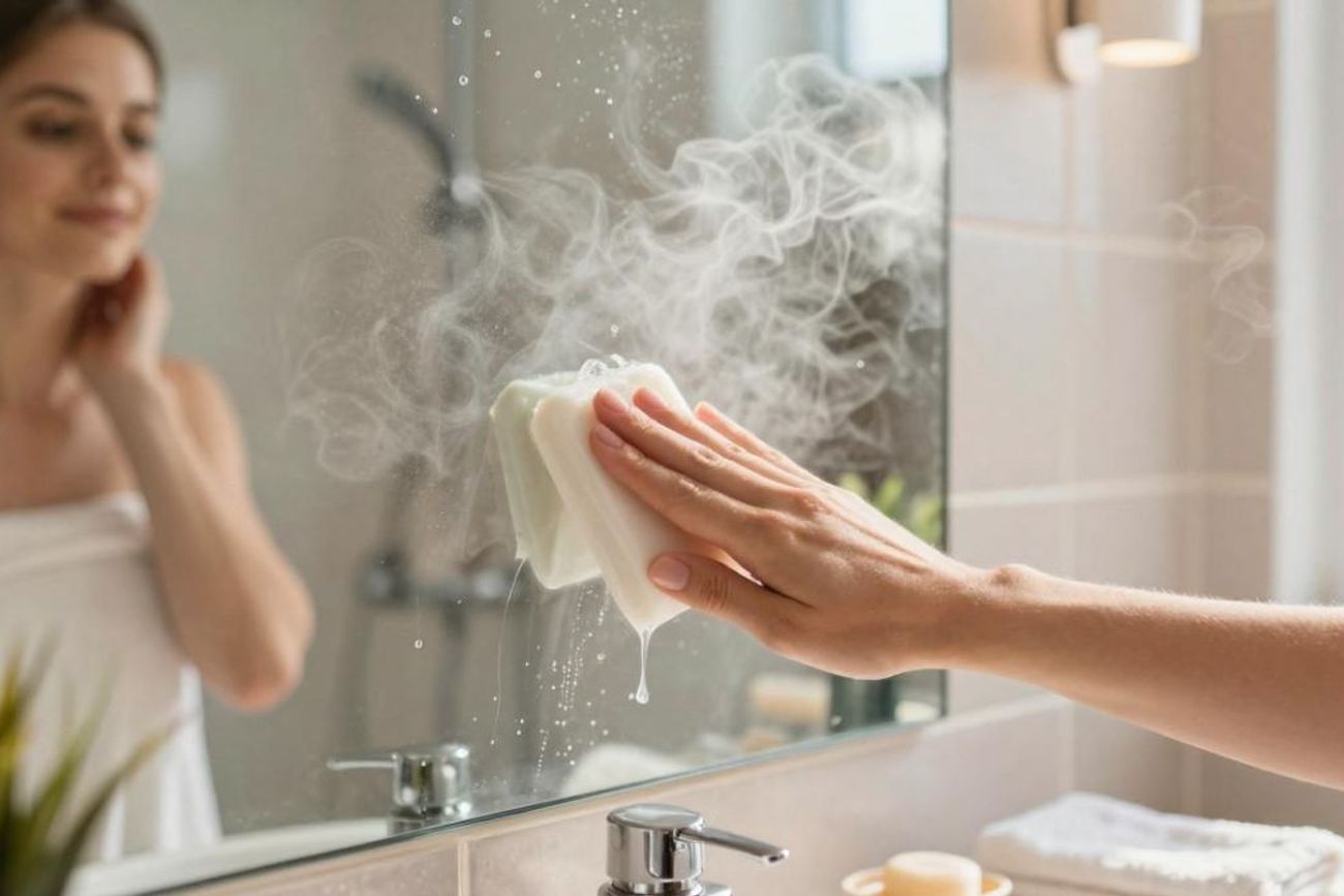 Aplicar una fina capa de jabón en barra o crema de afeitar sobre el espejo crea una película que ayuda a evitar que el vapor de la ducha empañe el vidrio.