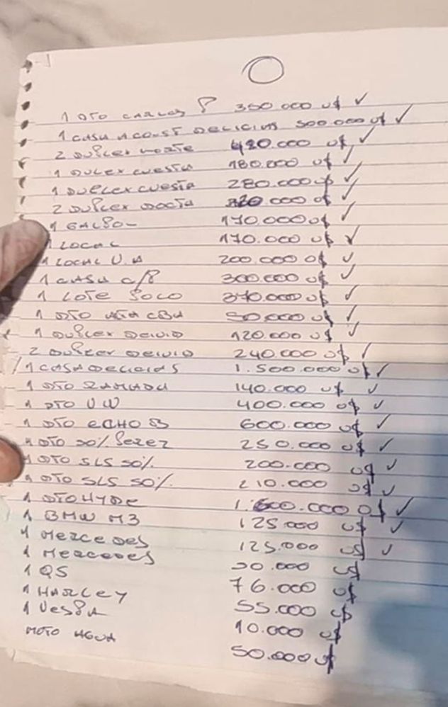 Cuaderno con una nómina de bienes muebles e inmuebles y su precio.