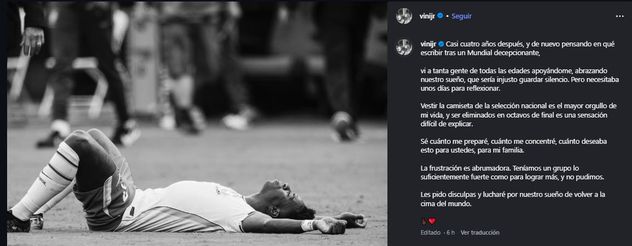 Vinicius Jr. habló tras la eliminación de Brasil en el Mundial.