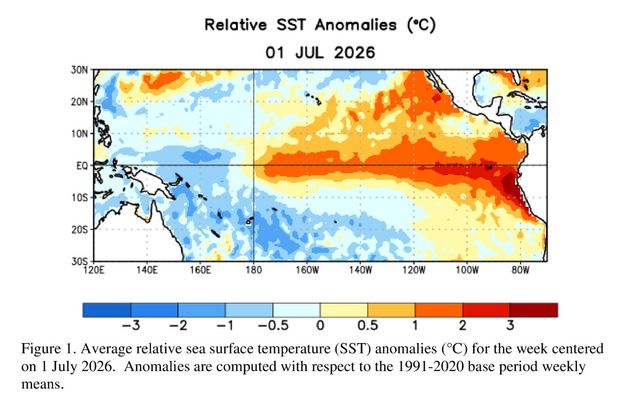 Temperatura de la superficie del mar superiores a +1.0°C en el Pacífico ecuatorial central y oriental.